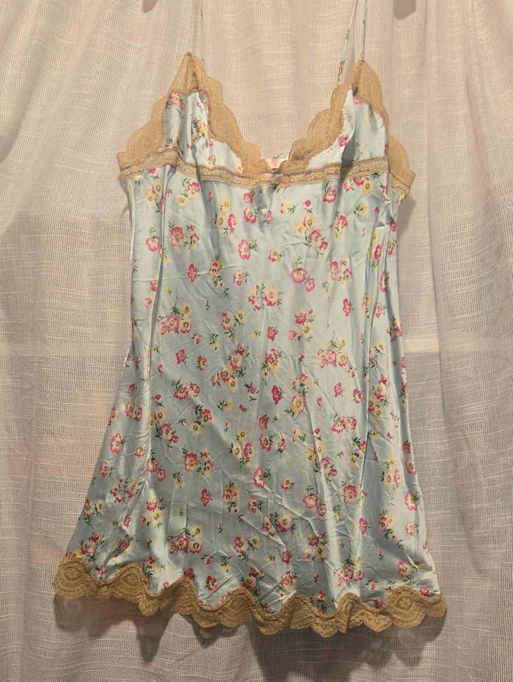 Victoria's Secret Light Blue Floral Slip with Beige Lace Trim